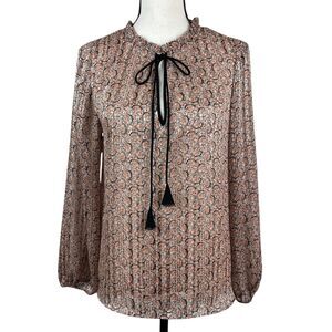 MNG Mango Women’s Blouse Size 4 Black Orange Floral Long Sleeve Tie Neck Top